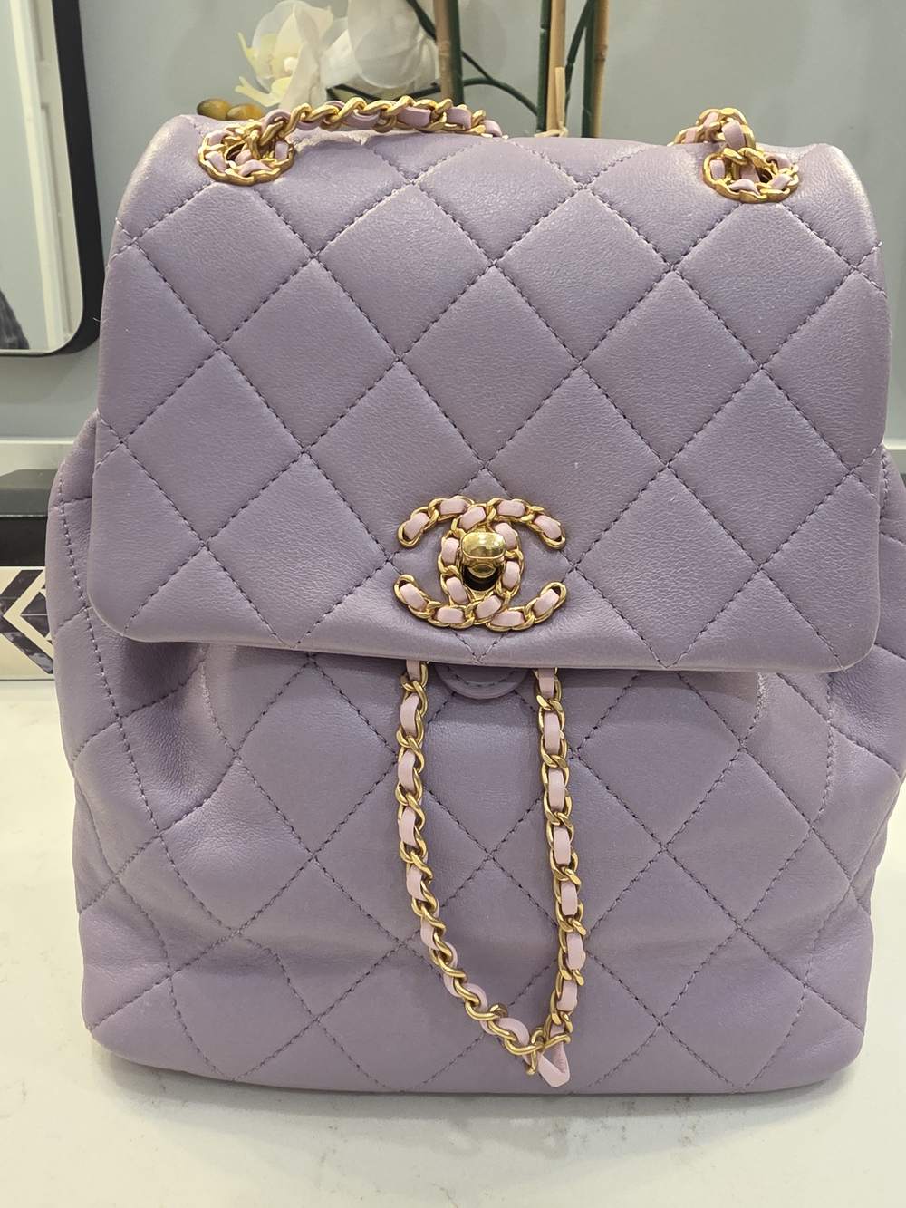 CHANEL Lilac Quilted Lambskin Backpack with Gold Chain Hardware